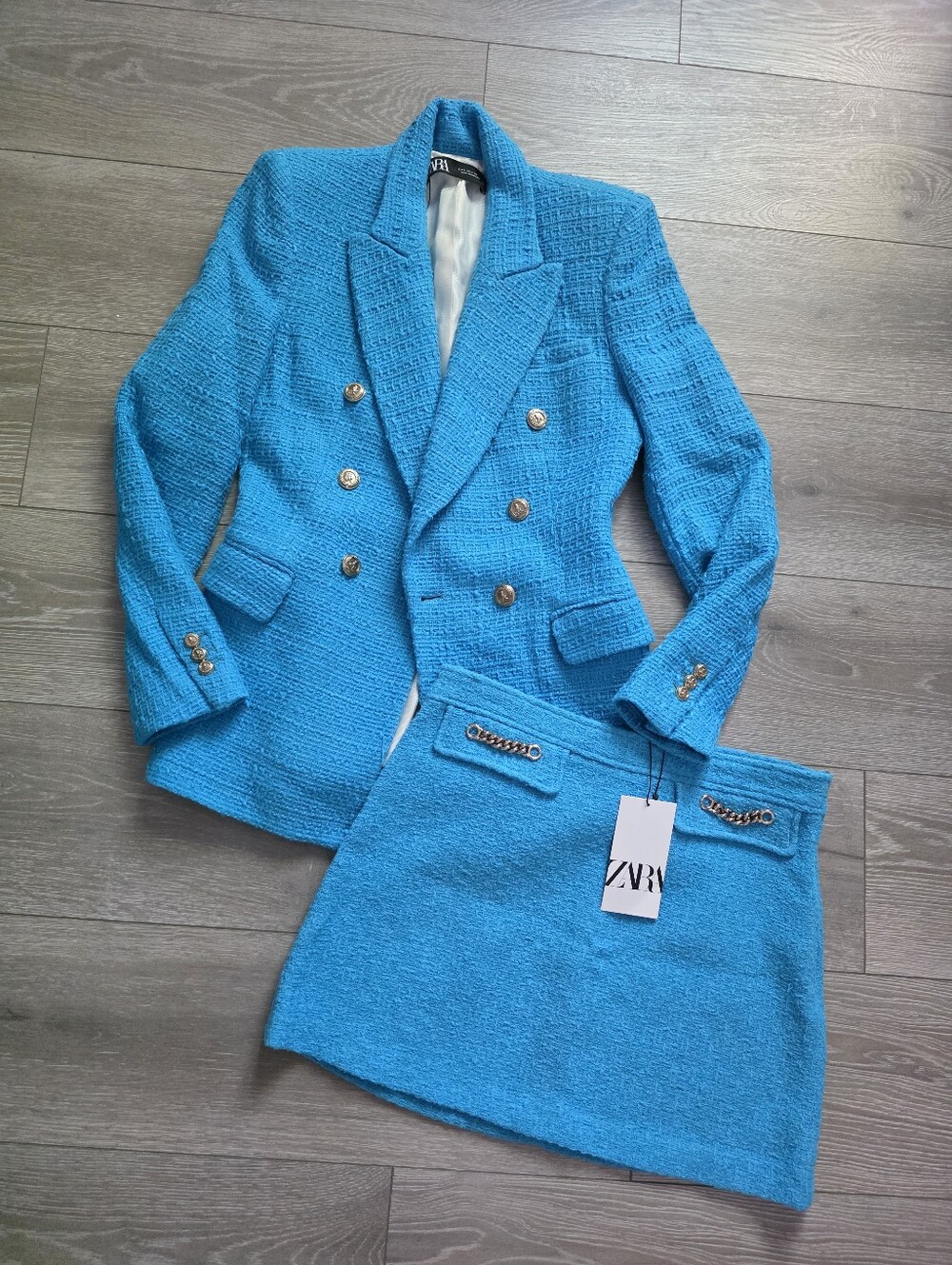 Zara Bright Turquoise Tweed Double-Breasted Blazer & Skirt Set
